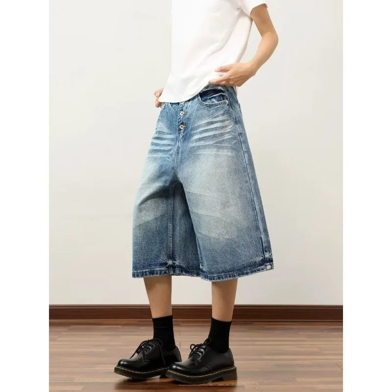Summer Women's Cat Whisker Breasted Denim Shorts Wide Leg Streetwear High Waist Half Trousers Female Unisex Calf-length Pants