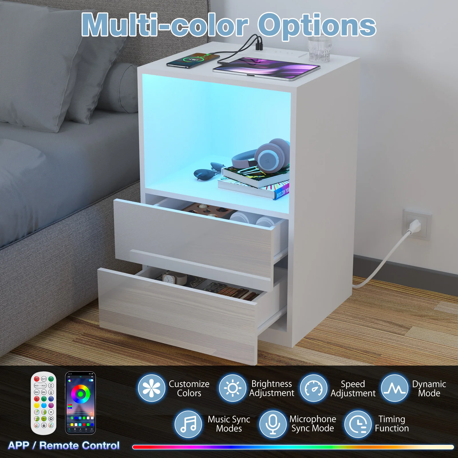 Nightstands With Remote Control 2 Drawers 16 Color LED Lights Storage Cabinet Brightness Adjustment Modern Bedroom Nightstands