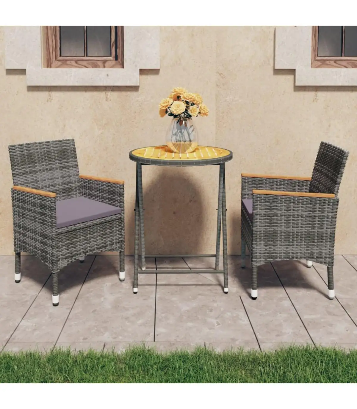 Garden table and chairs garden 3 PCs rattan synthetic wood acacia Gray