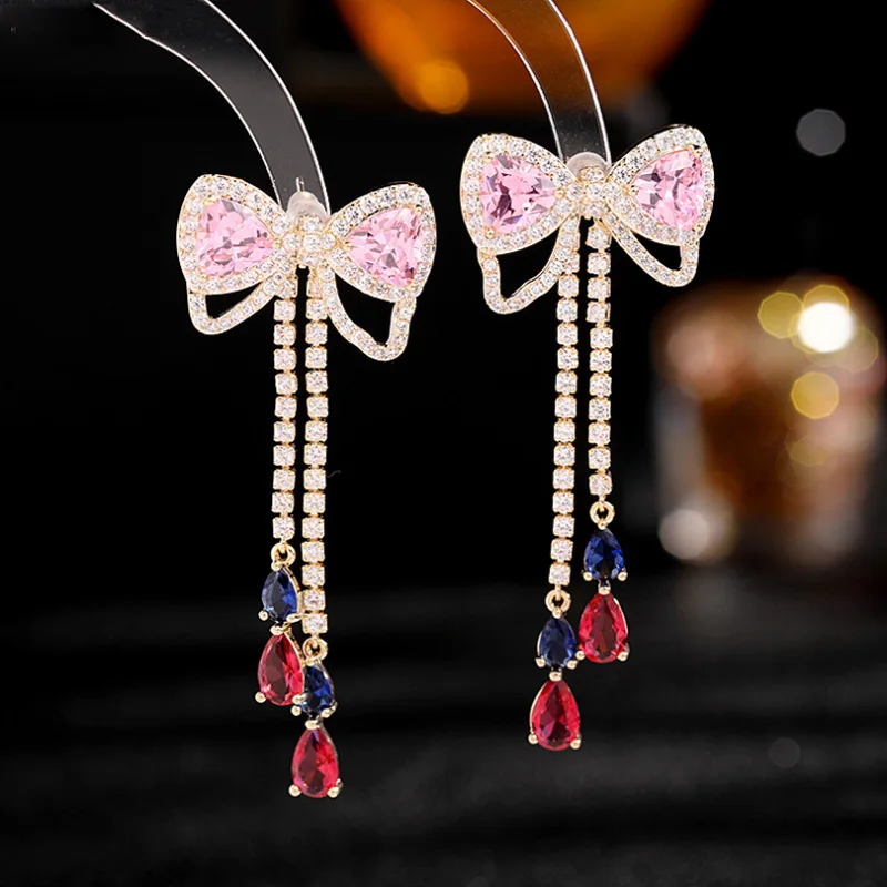 Fashion Bow Titanium Steel Micro-Inlaid AAA Silver Needle Luxury Retro Long Earrings