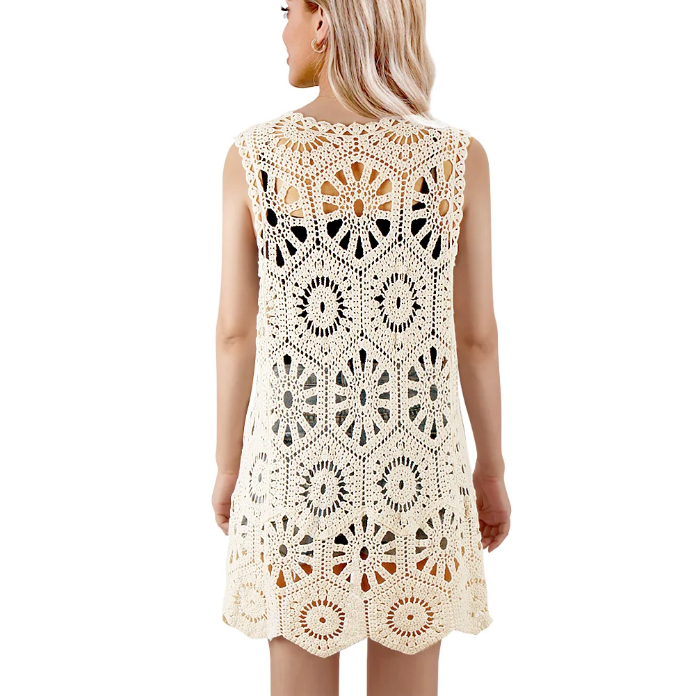 Womens Floral Crochet Lace Boho Trim Sleeveless Open Front Vest Cardigan White Beige