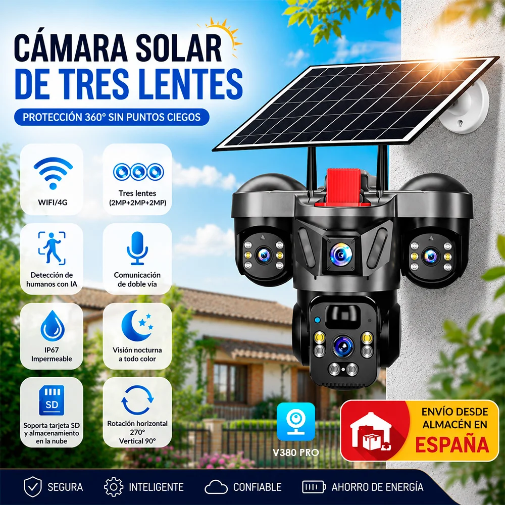 Cámara Solar KERUI de 6MP, Cámara WiFi con Panel Solar para Exteriores, Triple Lente, Sistema de Vigilancia con Video CCTV para Seguridad del Hogar, Pantallas Triples