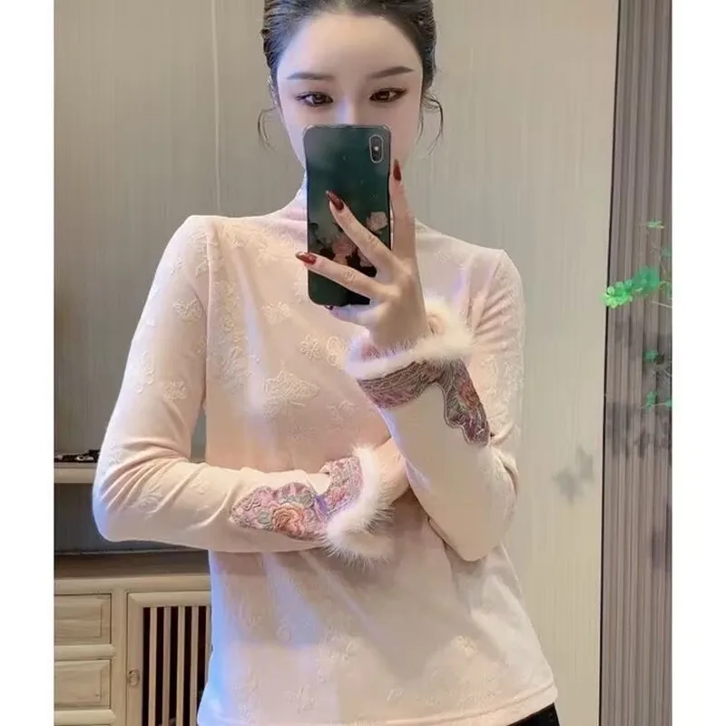 Chinese Style Long Sleeve Fleece T-Shirt 2024 New Women Autumn Winter Turtleneck Thick Base Shirt Female All-match Blouse Tops