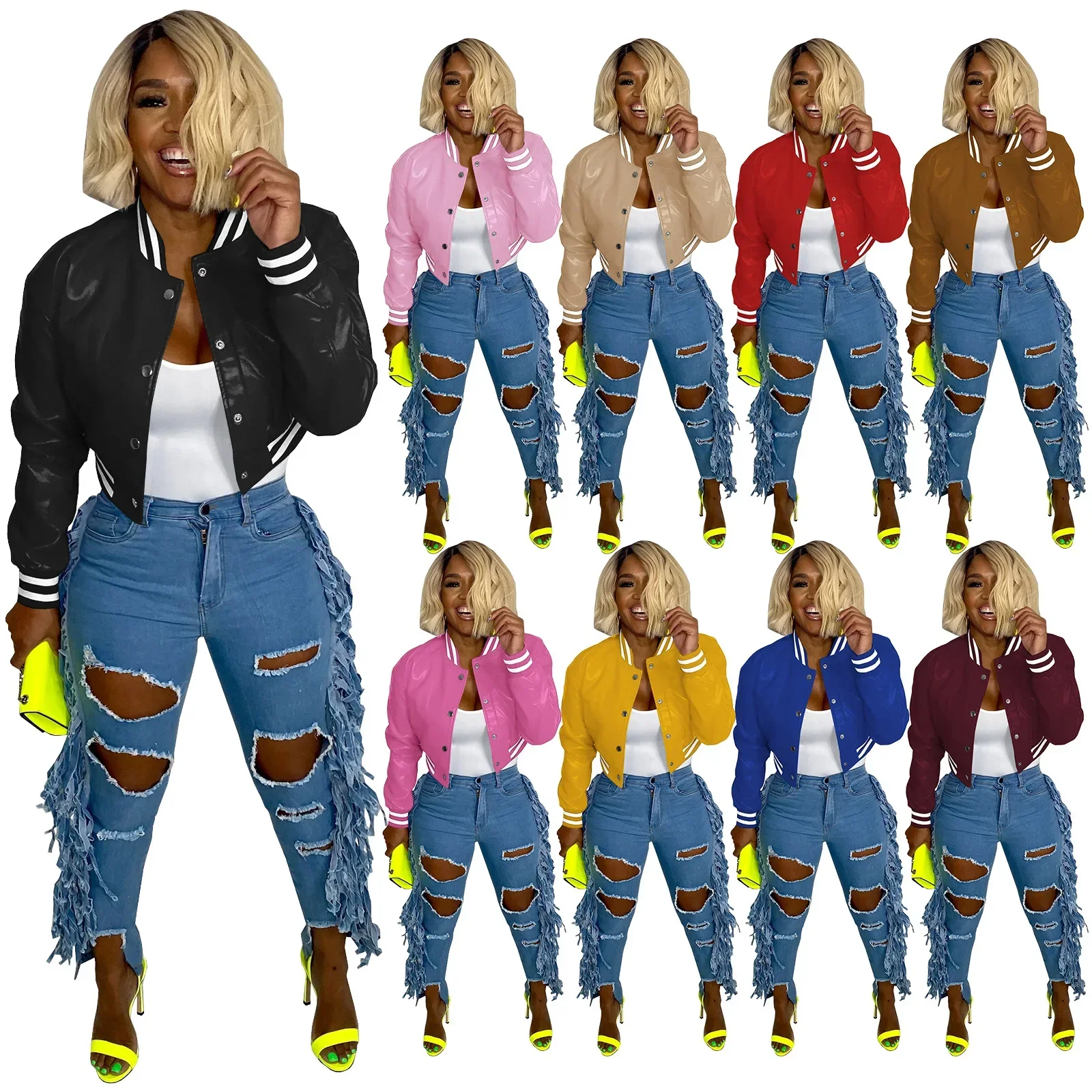 

Women PU Leather Jacket Baseball Uniform Top Overcoat Streetwear Single Breasted Slim Fit Outwear 2024 Autumn Female Coat