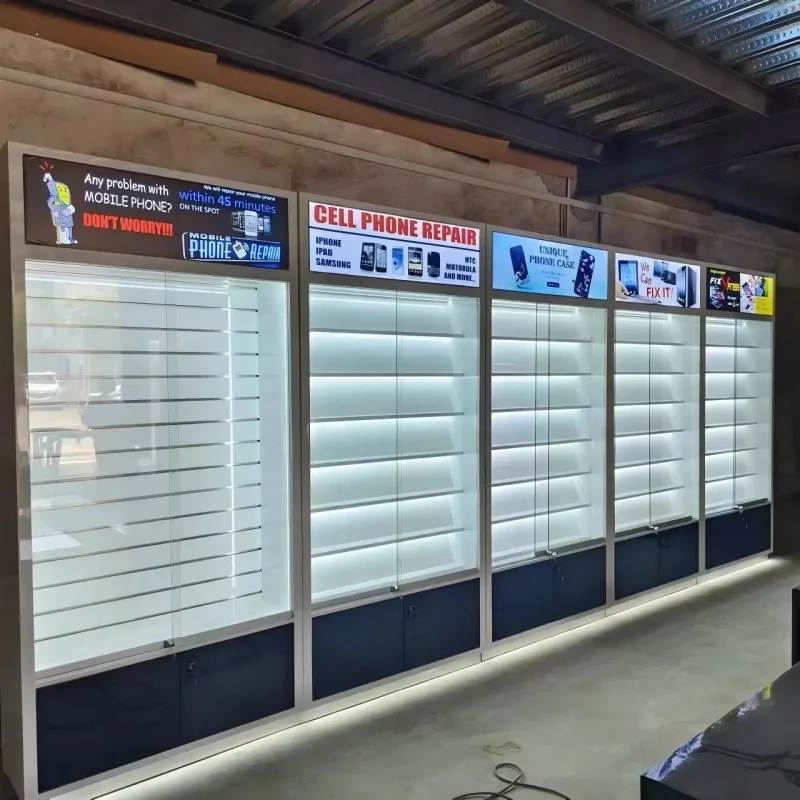 custom.Custom Cellphone Repair Shop Decoration Modern Mobile Phone Display Shelves LED Lighting Slat Wall Display High Quality - view 5