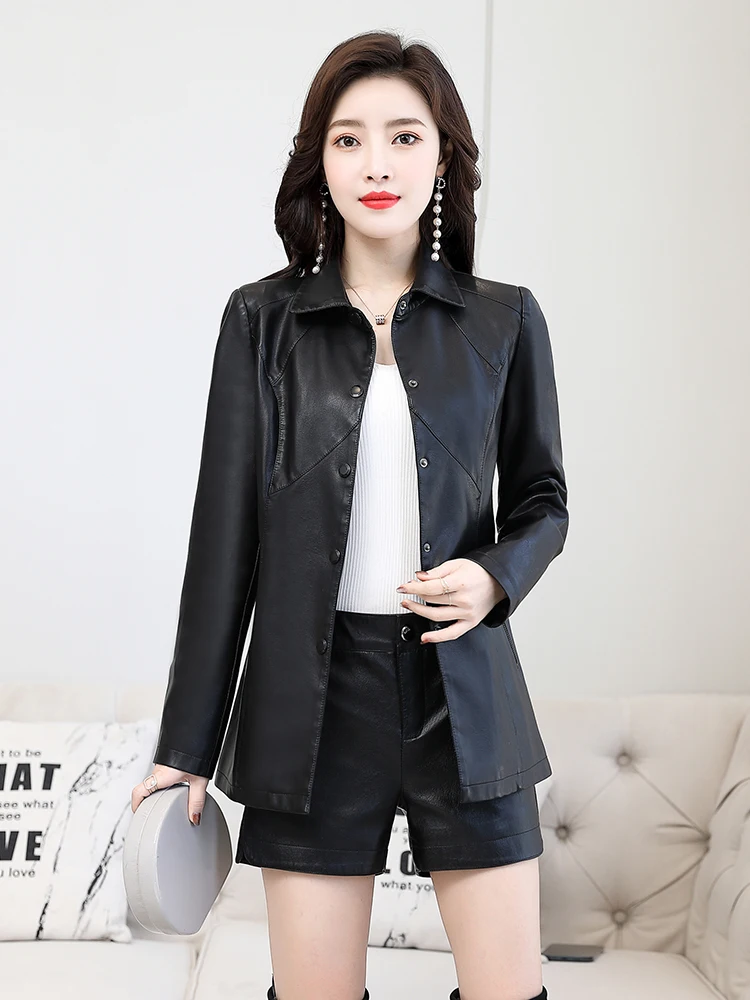 

Женская куртка из натуральной кожи Haining, корейский стиль, большие размеры, весна-осень, новая модель, стандартный крой, элегантная, из овчины, с поясом на талии.