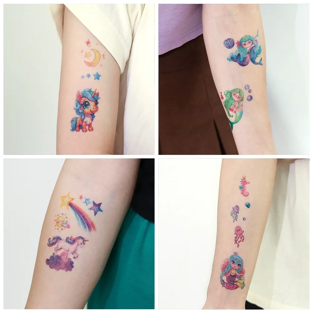 Tatuaje temporal con purpurina para niños, pegatinas desechables para el cuerpo, unicornio, sirena, accesorios de Festival, tatuaje de maquillaje, dibujos animados impermeables