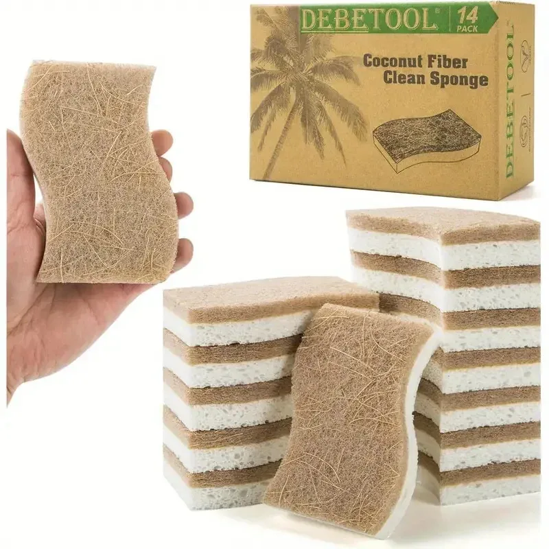 Esponja Natural de Cozinha, Esfregão de Celulose e Coco para Louças, Pacote de Esponjas de Limpeza para Casa, 6/12 Peças