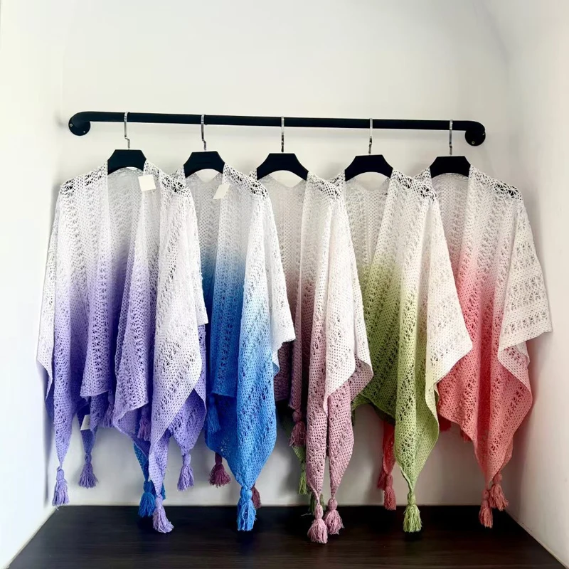 

Женская китайская этническая очаровательная шаль Ципао Hanfu, внешний декор, пончо для отдыха, путешествий, плащ с принтом тай-дай, постепенно меняющий цвет, накидка