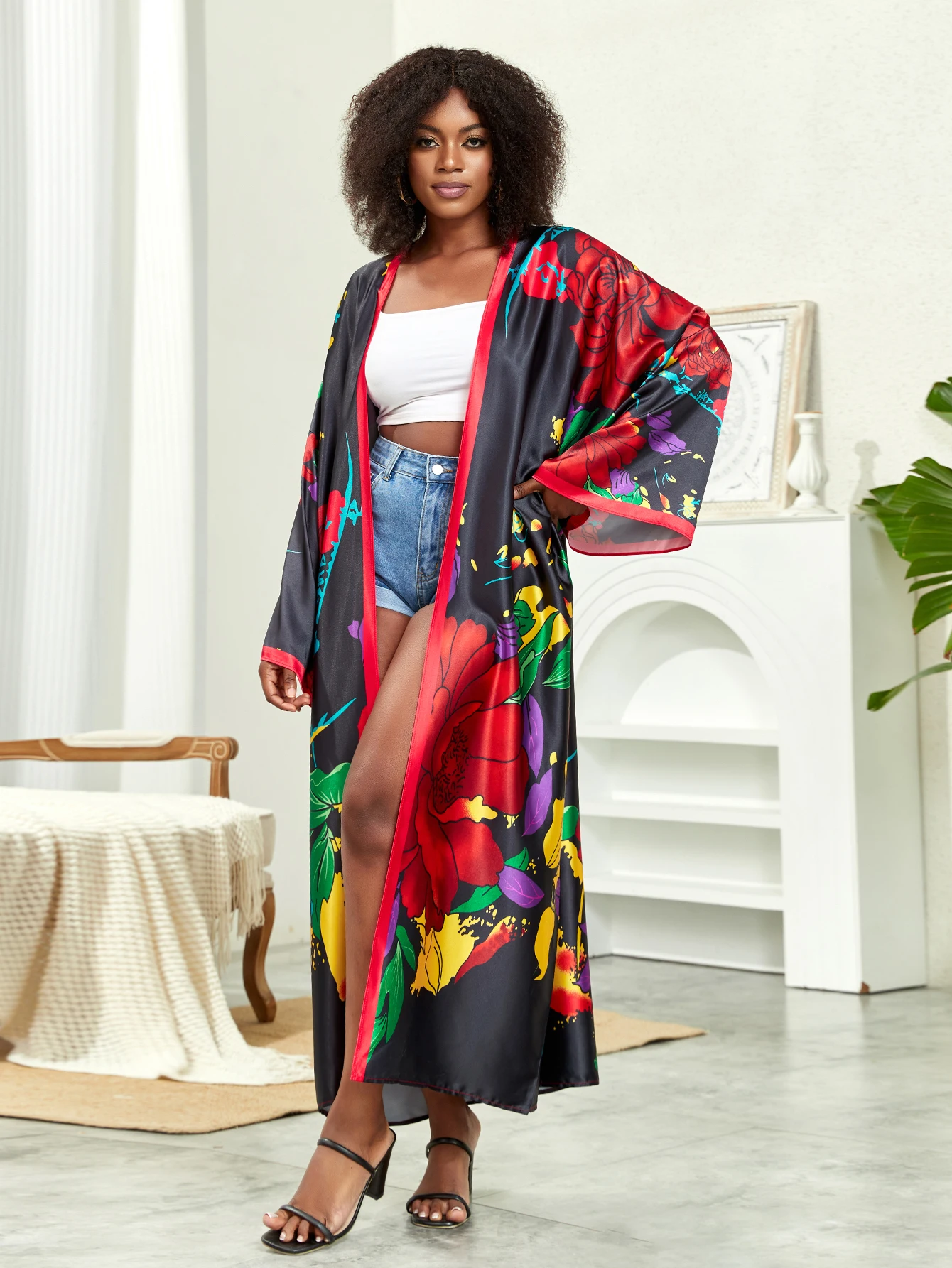 Plus Size Boho Kimono, Women's Plus Lotus Print Contrast Binding Long Sleeve Open Front Belted Kimono Cover Up