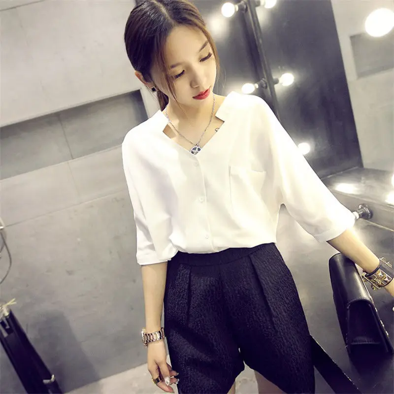 Women Summer Korean Fashion Loose Ruffles Solid Color Slash Neck Short Sleeve Chiffon Shirts Ladies Casual All-match Lacing Tops