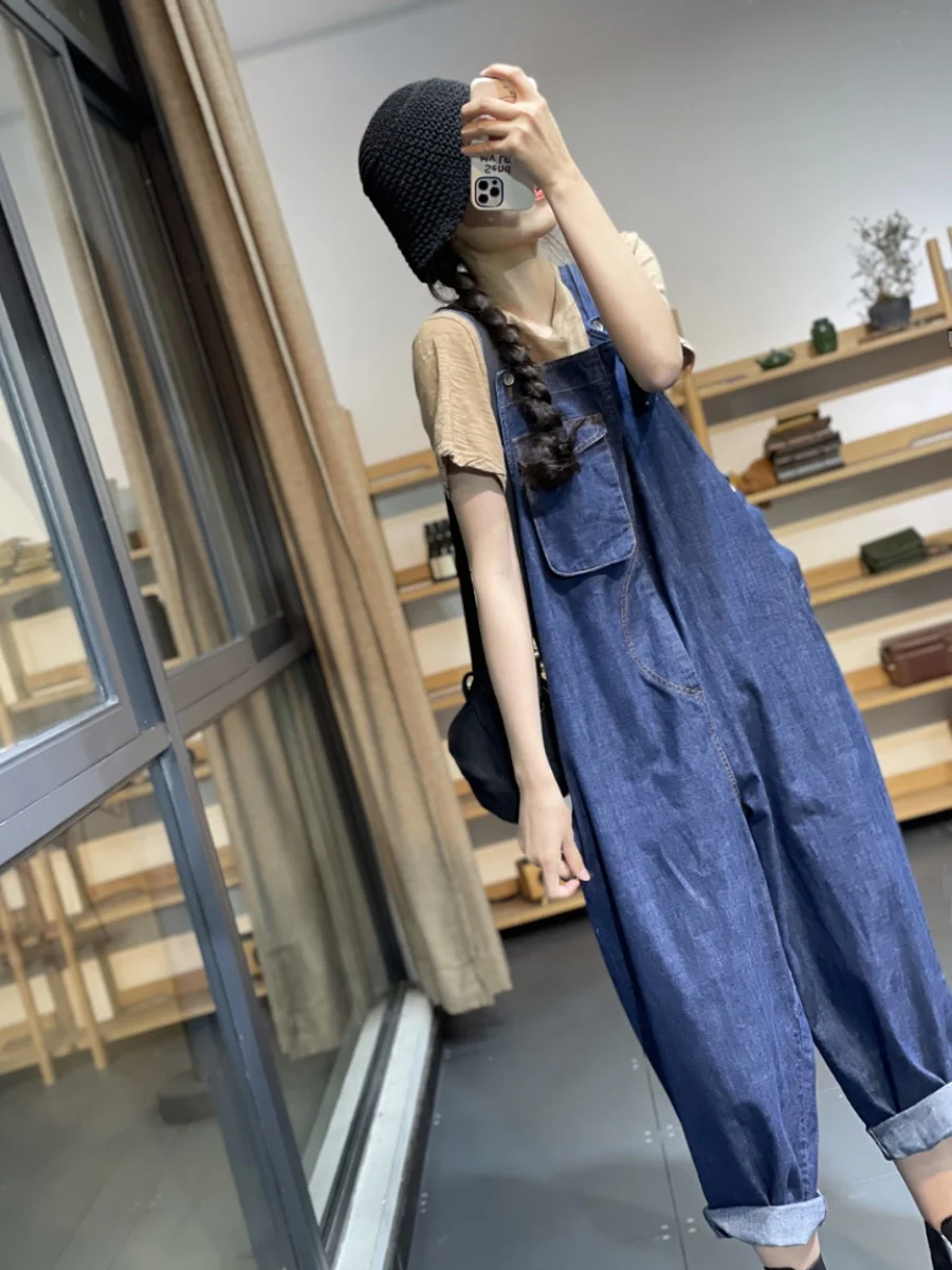 حجم كبير ملابس العمل غير رسمية وزرة الدنيم المرأة الصيف الخريف فضفاضة كبيرة كيت المرقعة بذلة التخسيس بنطال ذو قصة أرجل واسعة