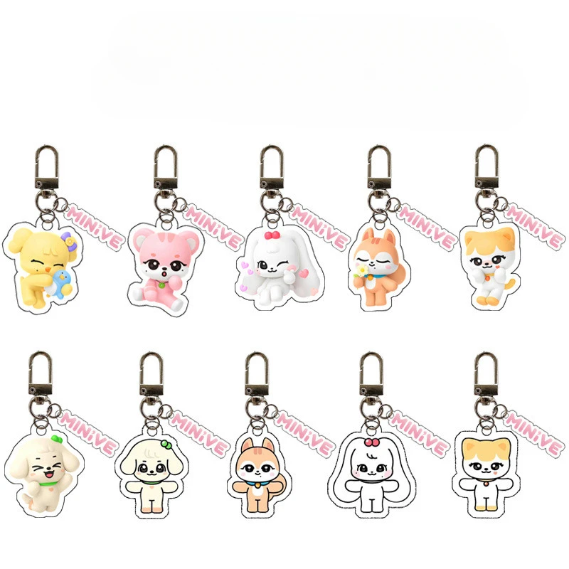 New Kpop Group MINIVE Lovely Cartoon Acrylic Star Keychain Q Styles Key Rings Bag Pendants Fans Gifts Collection Double Print