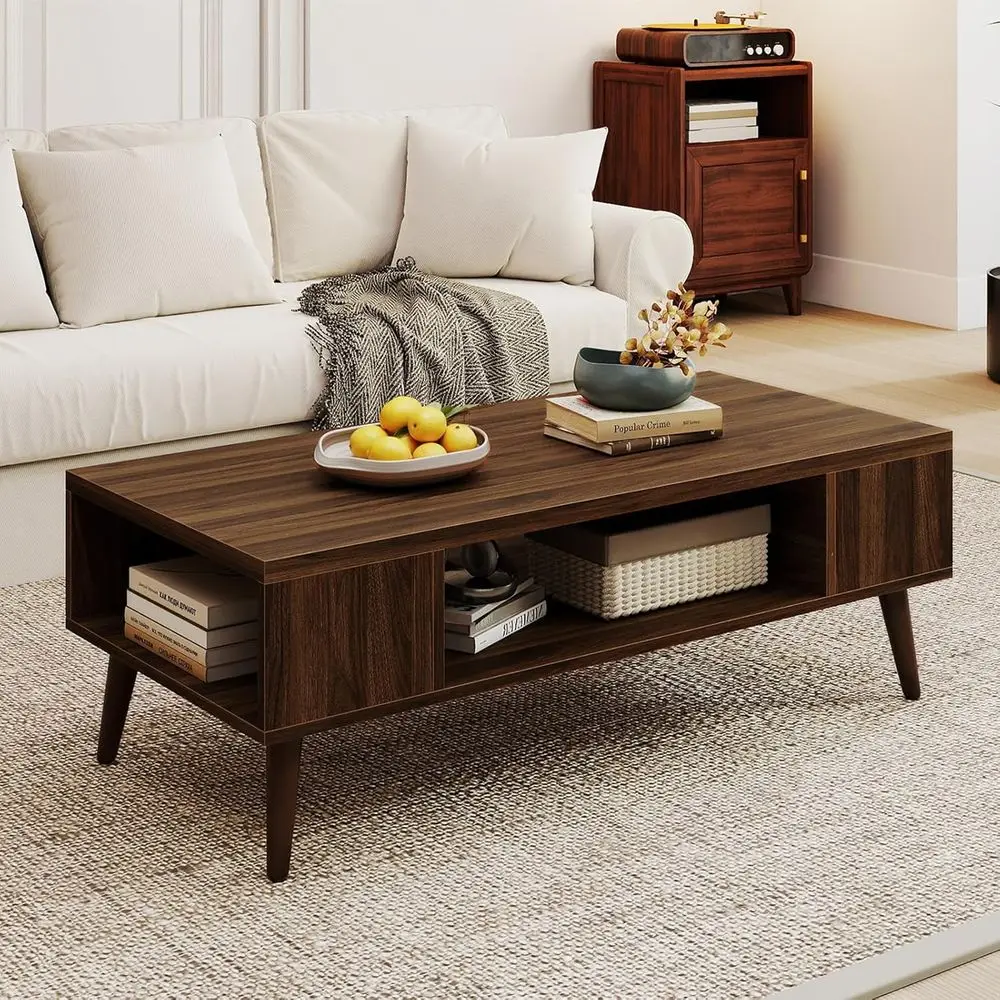 

42 Walnut 2-Tier Coffee Table with Storage Shelves and Open Compartment
