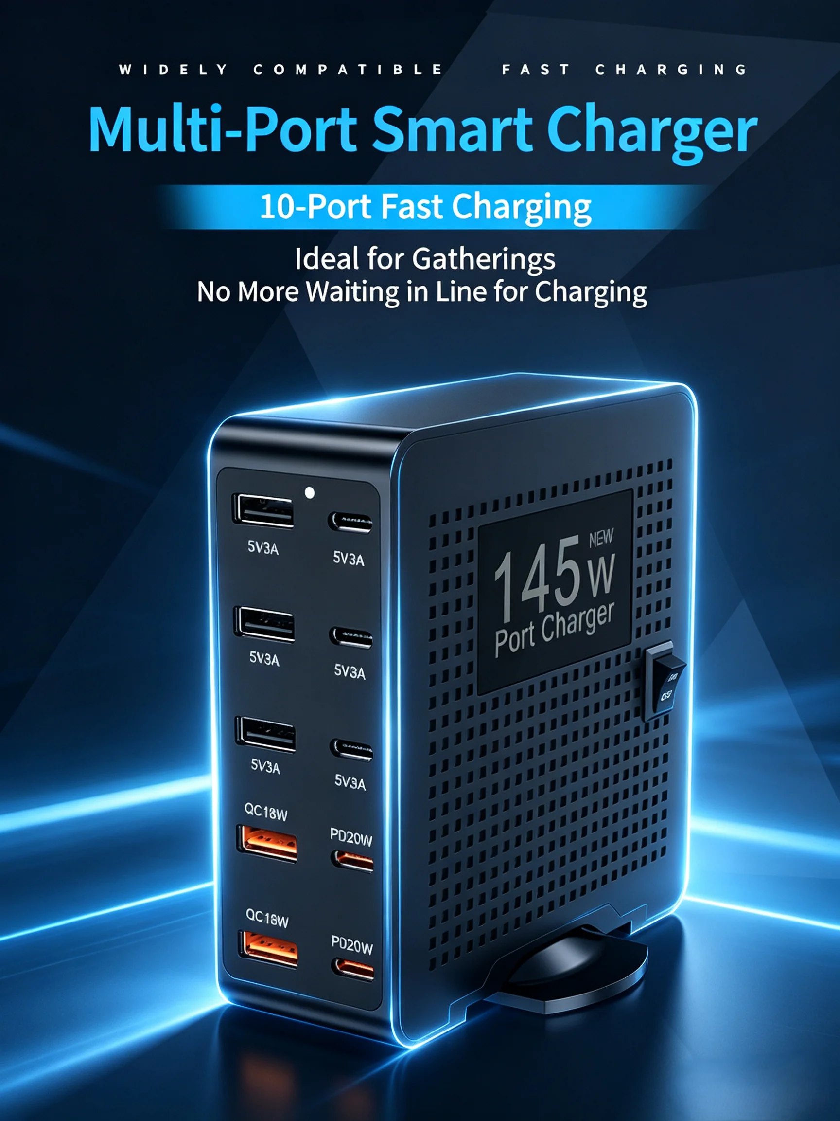 145W 10‑Port USB Charging Station, 6×USB‑A & 4×USB‑C PD QC Fast Charger, Multi‑Port Desktop Charger Hub for iPhone, iPad, Androi