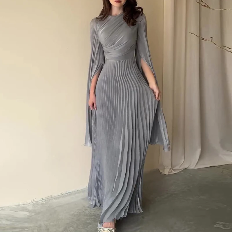 2024 Autumn Women's O-neck Long Sleeve Party Dress Elegant Solid Color Pleated Robe Dress Fashion High Waist Slim Evening Dress