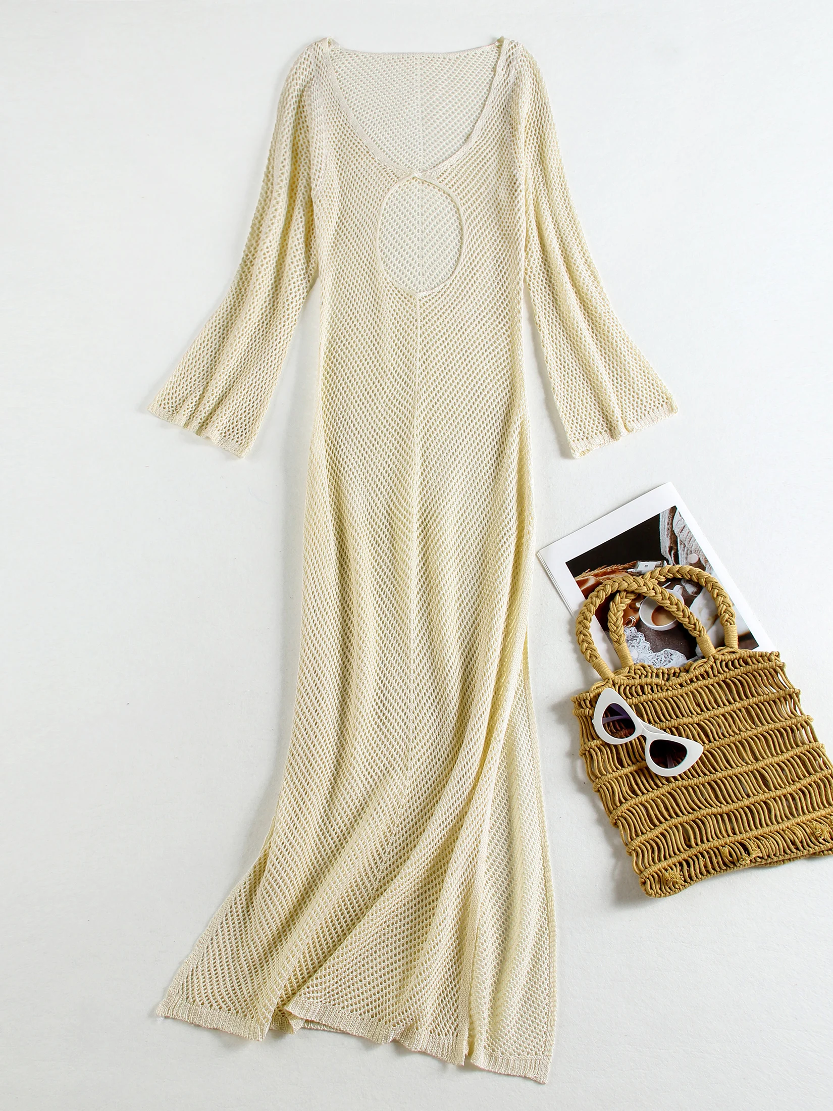 Solid Colour Beach Maxi Dress 2025 Women Summer Sexy Knit Flared Long Sleeve Slit Cut Out Swimsuit Cover Up Holiday Outfits K120