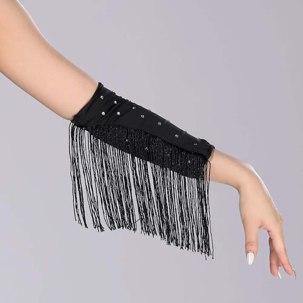 Performance Stage Latin Dance Fringed Sleeves Flash Drilling Rhinestone Fringe Tassel Gloves Solid Color Latin Dance Costumes