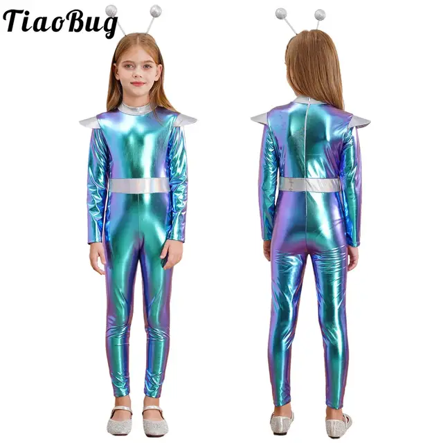 Dziecięce Alien przebranie na karnawał stroje chłopcy dziewczęta metaliczny błyszczący Alien kombinezon Halloween pełnej długości body z obręczą do włosów