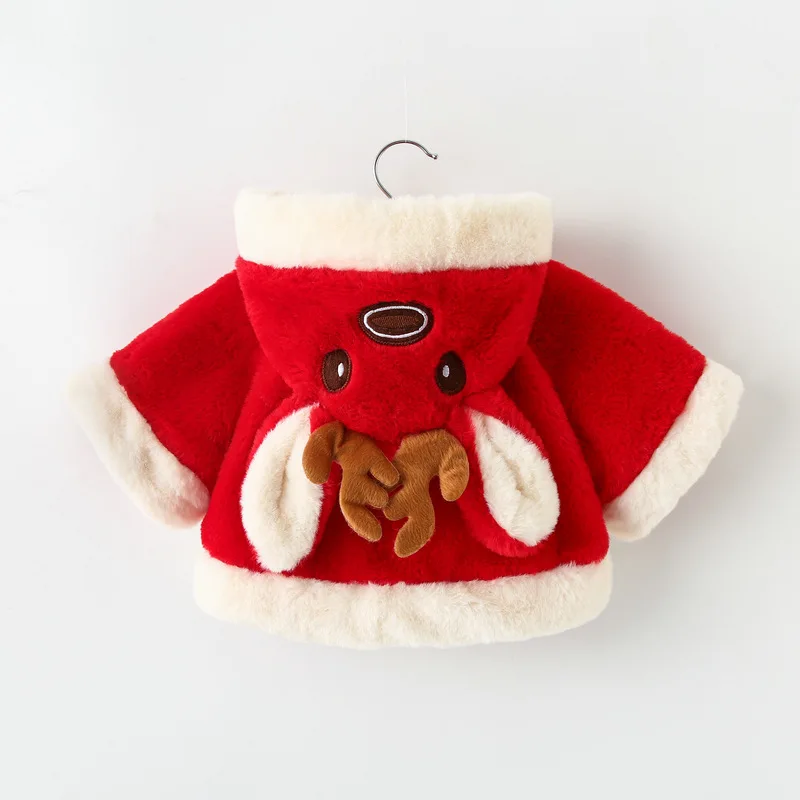 Christmas Girl\'s New Reindeer Color Blocked Cartoon Cute Rabbit Ear Hooded Batball Sleeve Windproof Warm Cotton Jacket