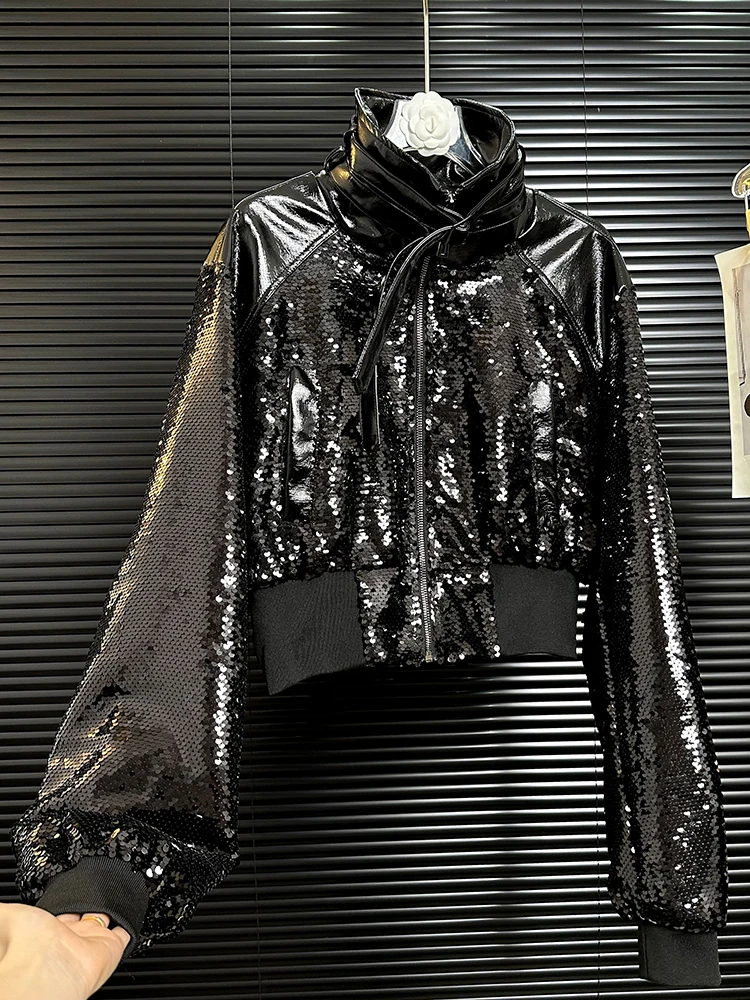 Schwere Industrie Blingbling Pailletten Schnürung gespleißte Leder kurze Jacke Damen Frühling und Herbst Temperament Mode Jacke