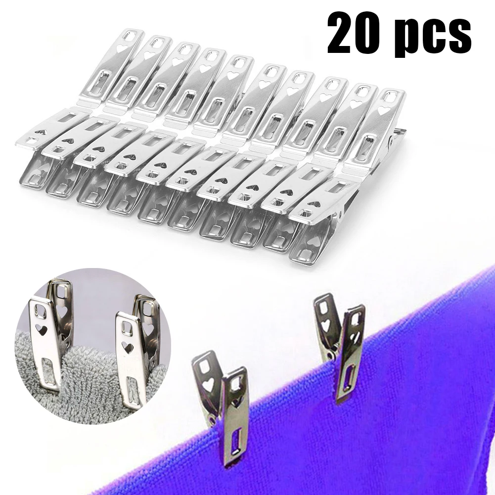 

20Pcs Multipurpose Windproof Clothespin Stainless Steel Marine Grade Durable Pegs Metal Hanging Clips For Clothes Towels Socks