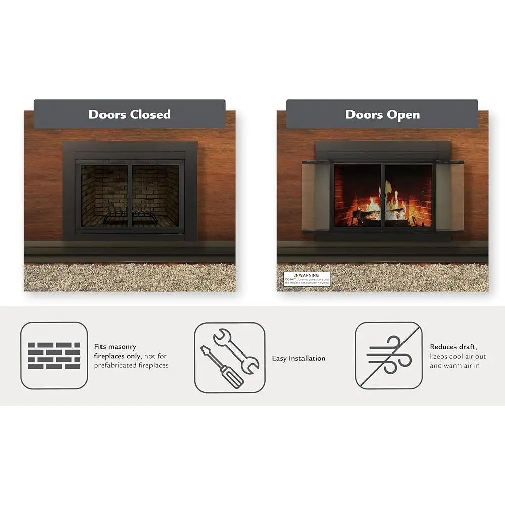Small Black Fireplace Doors Tempered Glass Bi-Fold Design Clear View Air Control Slide Easy Grip Handles
