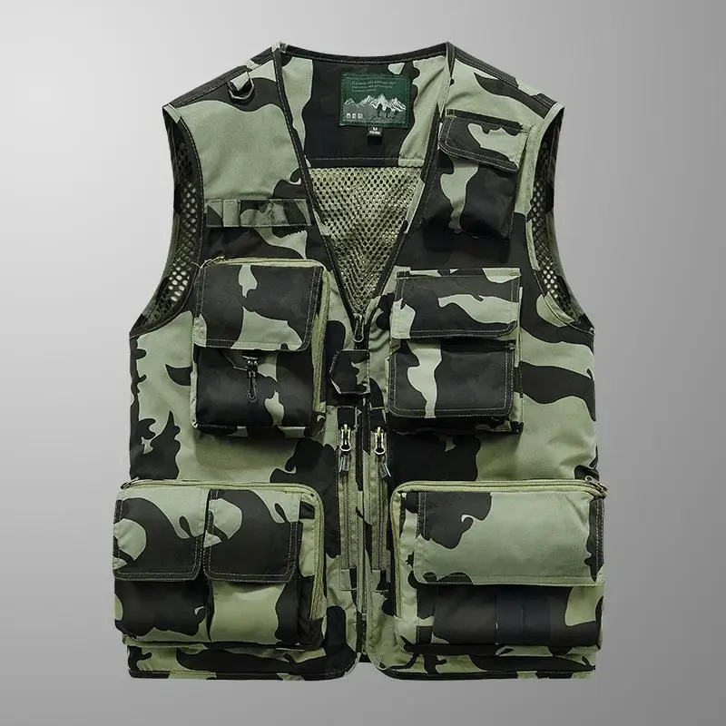 Men'S Outdoor Sports Camouflage Vest Travel Hiking Fishing Hunting Multi-Pockets Mountaineering Adventure Jacket Green 6XL 7XL