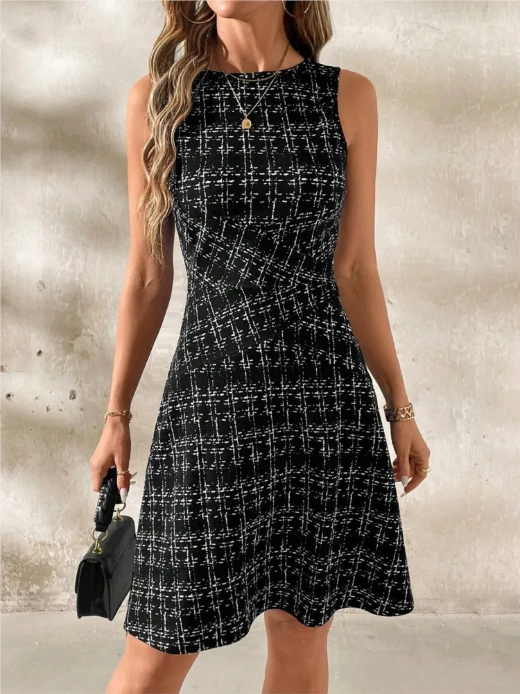 

Summer Fashion Striped Plaid Casual Dress Women's Elegant Round-neck Sleeveless Color-blocked Waist Pleated Mid-length Dresses
