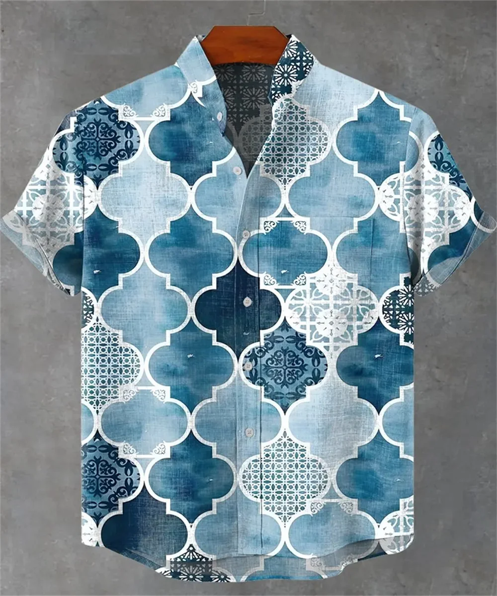 Mens Summer 2025 Comfortable Linen Short Sleeve Shirt Elegant Symmetrical Graphic Print Mens Casual Stand Collar Top
