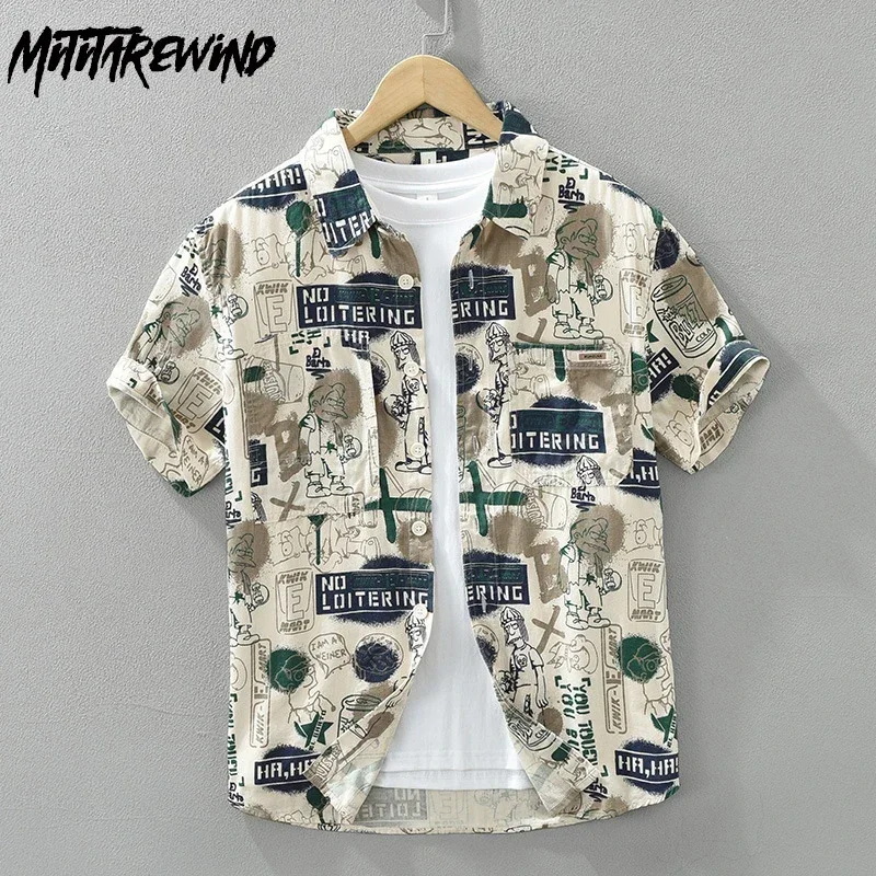 

Summer New Mens Short Sleeve Printed Shirt Japanese Fashion Streetwear Men Top 100%Cotton Casual Shirts Boys Personality Clothes