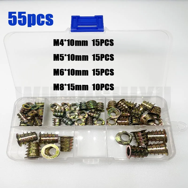 165/75/55pcs Threaded Insert Nut E-nut M4 M5 M6 M8 Set Kit For Wood Furniture Bed Cabinet Table Embedded Hex Hexagon Socket Head