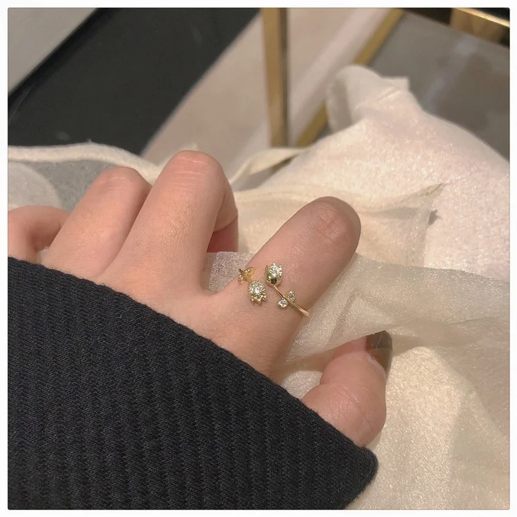 Micro Inlaid Zircon Twin Flower Ring for Women, Adjustable Open Ring, Elegant Niche Design