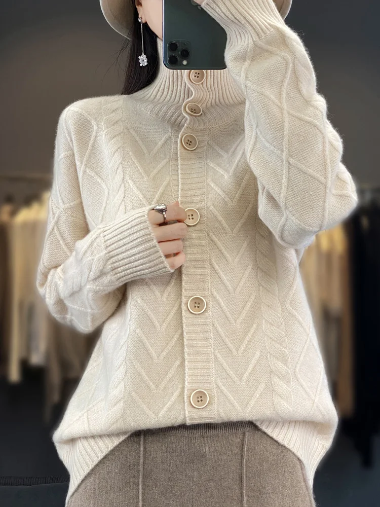 Autumn Winter Women Thick 100% Merino Wool Cardigan Cashmere Sweater Knitwear Turn Down Collar Cable Knitting Clothing Tops