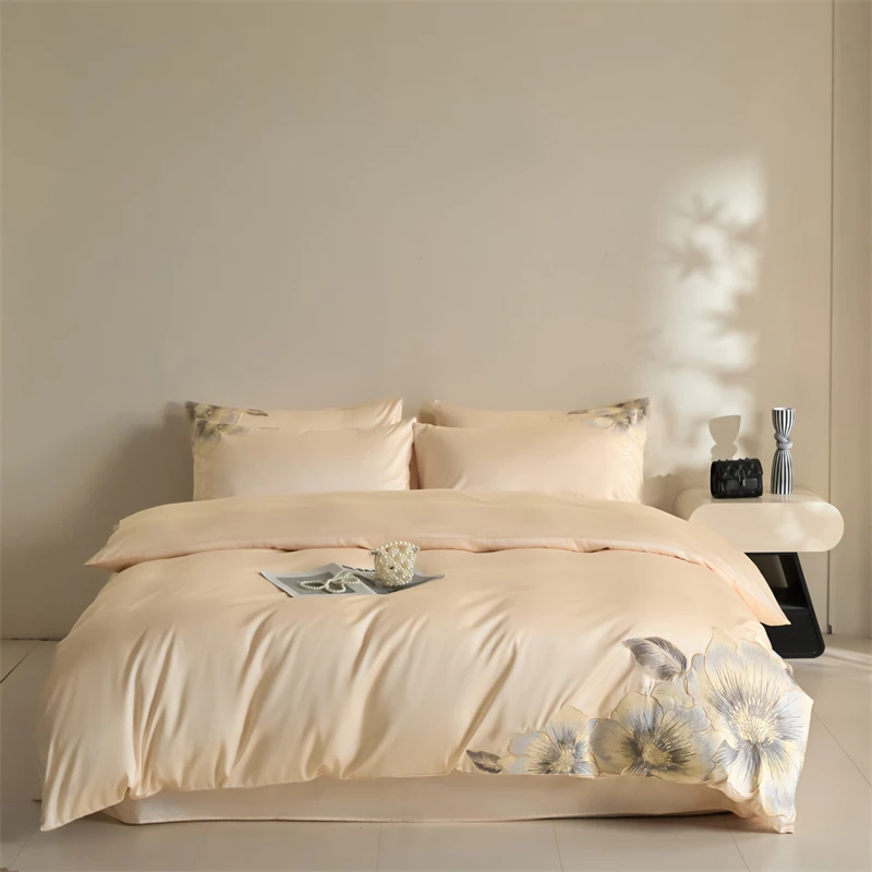 100% Egyptian Cotton Flowers Embroidery Luxury Bedding Set Single Double Queen King Duvet Cover Flat/Fitted Sheet Pillowcases