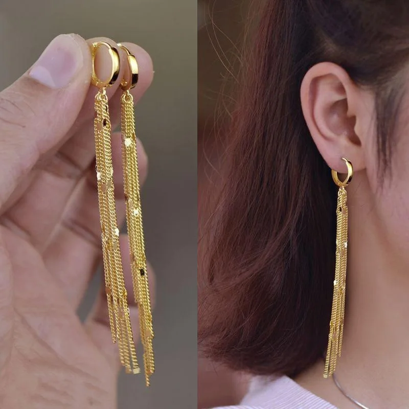 2023 Luxury Golden Color Long Tassel Hoop Earrings For Women Personality Shiny Metal Chain Ear Buckle Fashion Girl Party Jewelry