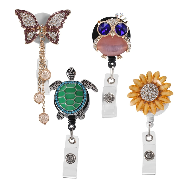 

4 Pcs Rhinestone Retractable Badge Reel ID Badge Reel Clip For Nurse Teacher (Butterfly Sunflower Turtle Owl)