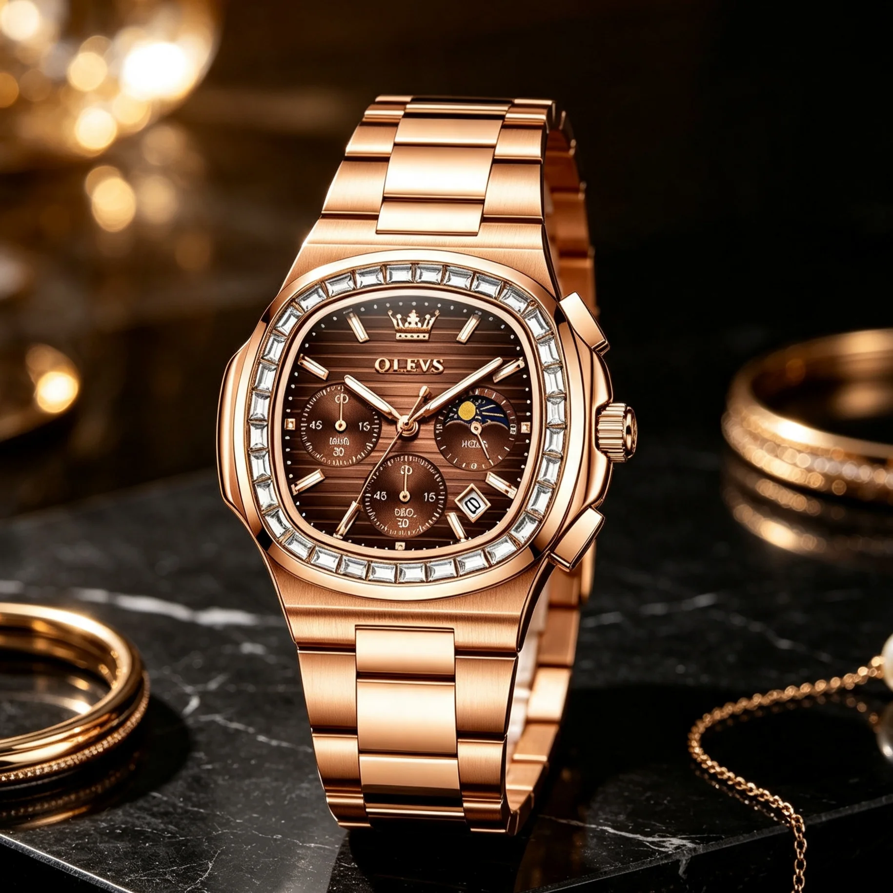 OLEVS 3739 Men's Watch Waterproof Super Luminous Calendar Moon Phase Watch Luxury Sports Men's Square Quartz Watch New