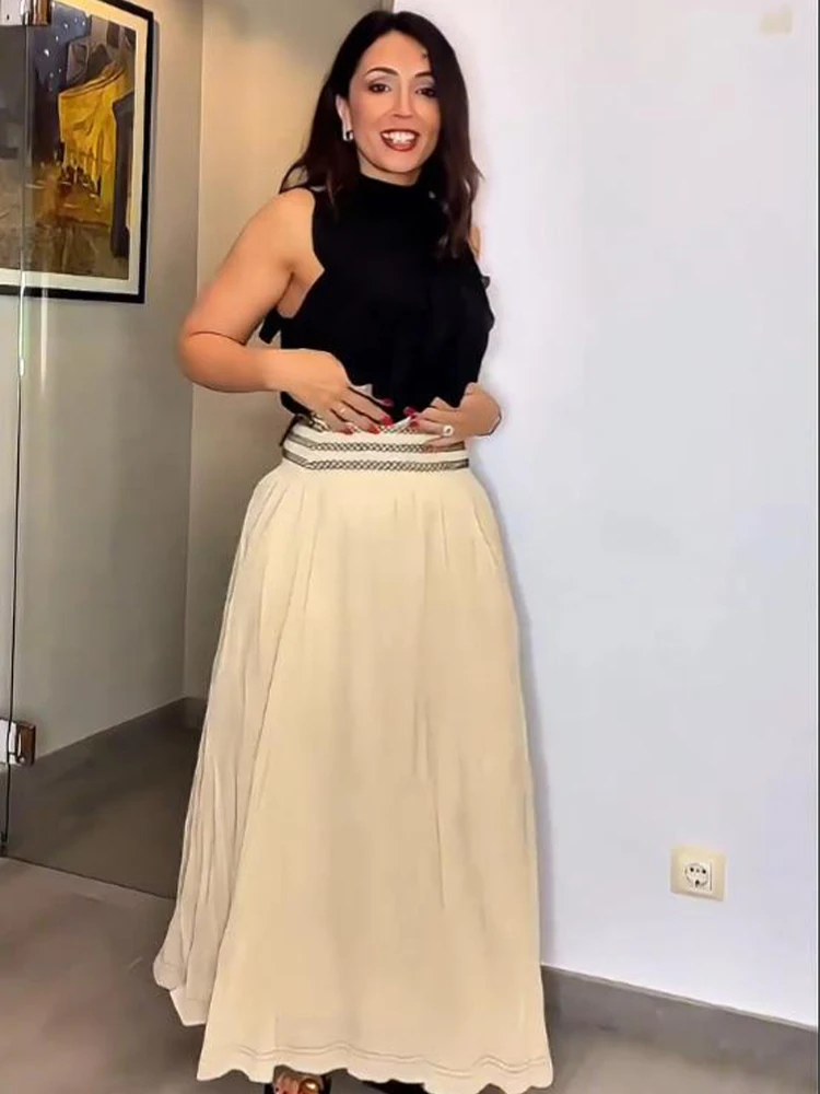 

HH женская летняя мода 2025 года, простая контрастная талия, стильная юбка в отпускном стиле, женская элегантная плиссированная длинная юбка с эластичной резинкой на талии