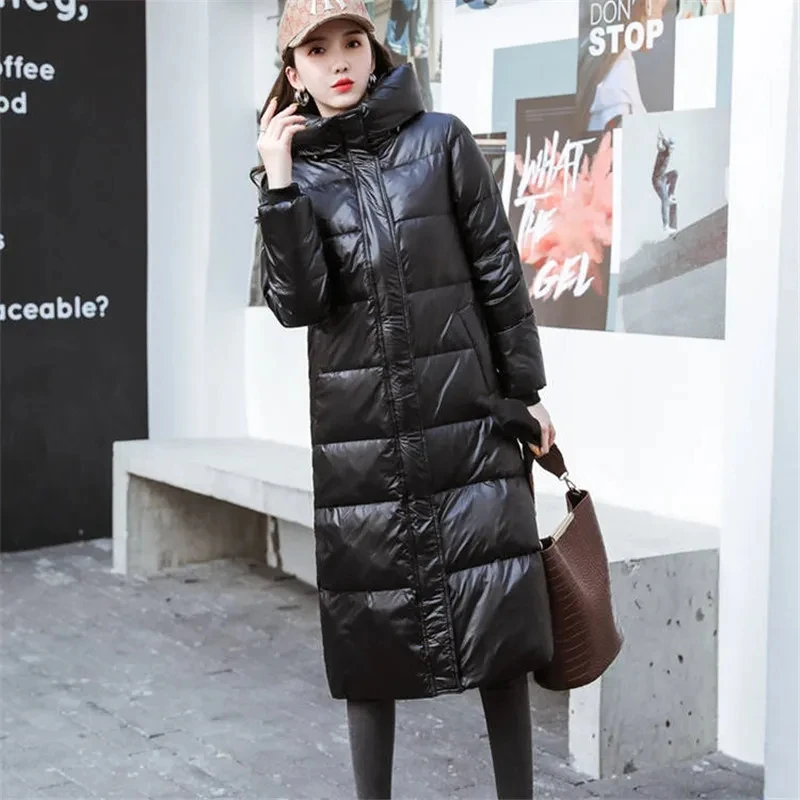 Parka feminina comprida com capuz, jaqueta de algodão quente, sobretudos à prova de vento, streetwear feminino, preto, fino, inverno, 2024