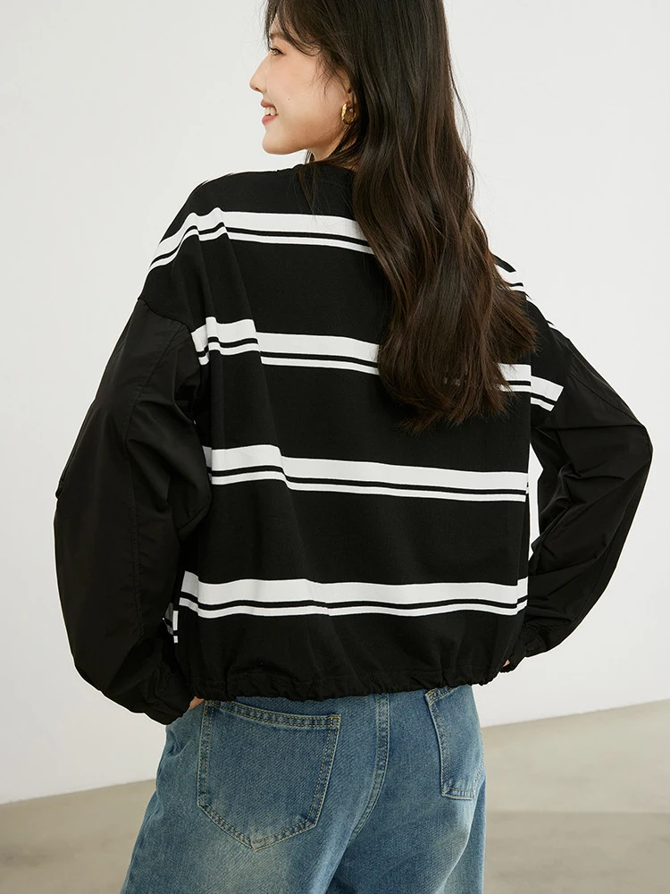 Fashion O-Neck Striped Sweatshirts Oversized Short Tops Spring Autumn Long Sleeve Pullovers Designer Zipper Sleeve Jumper Trendy