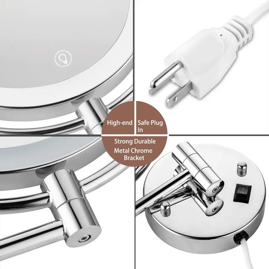 مرآة مكياج مضاءة مع تكبير، مرآة مكبرة مثبتة على الحائط 8 بوصة 1X 10X للحمام، قابلة للتعتيم باللمس، 360 دي