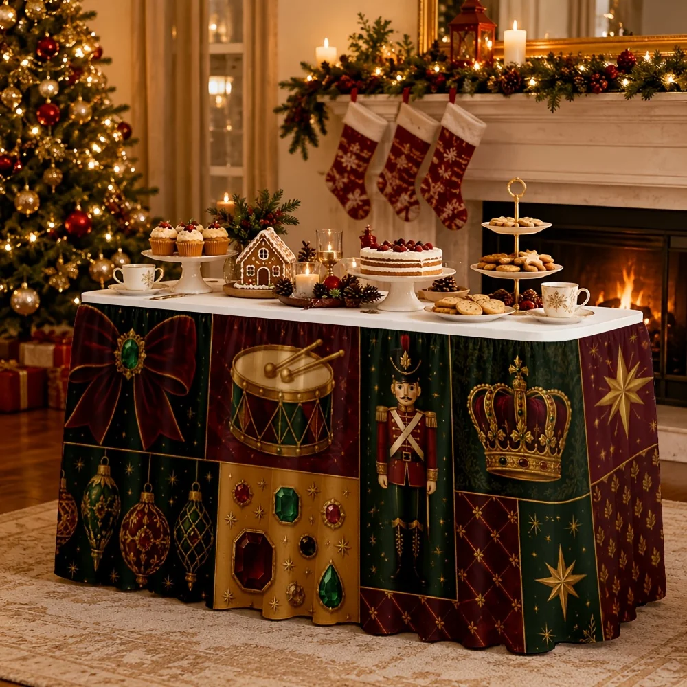 One tablecloth or table skirt, featuring a festive theme pattern, including blooming flowers, shells, soldiers and crowns.