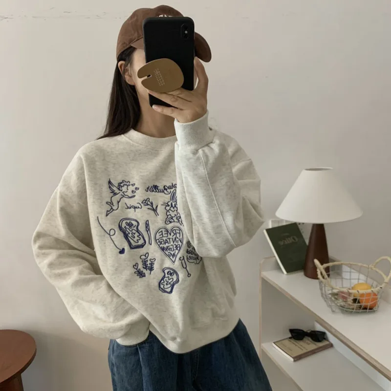 Geometric Embroidery Korean Style Hoodies O-neck Casual Pullovers Angel Rabbit Printed Plush Sweatshirt Loose Gray Hoodies Women