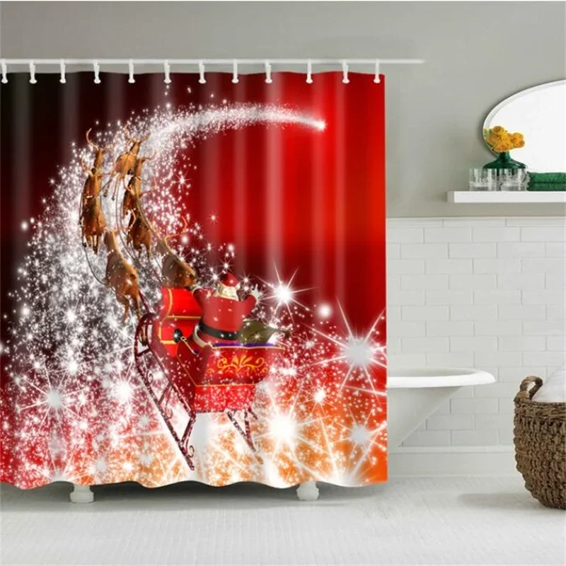 Merry Christmas Shower Curtain Christmas Home Decor Snowman Santa Claus Bathroom Curtain Polyester Fabric Bath Screen with Hooks