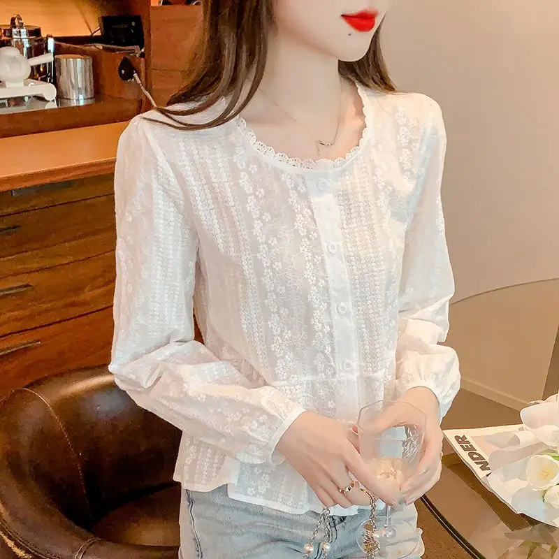 Spring Summer New Round Neck Fashion Solid Color Shirt Women High Street Elegant Button Patchwork Cardigan Lace All-match Tops