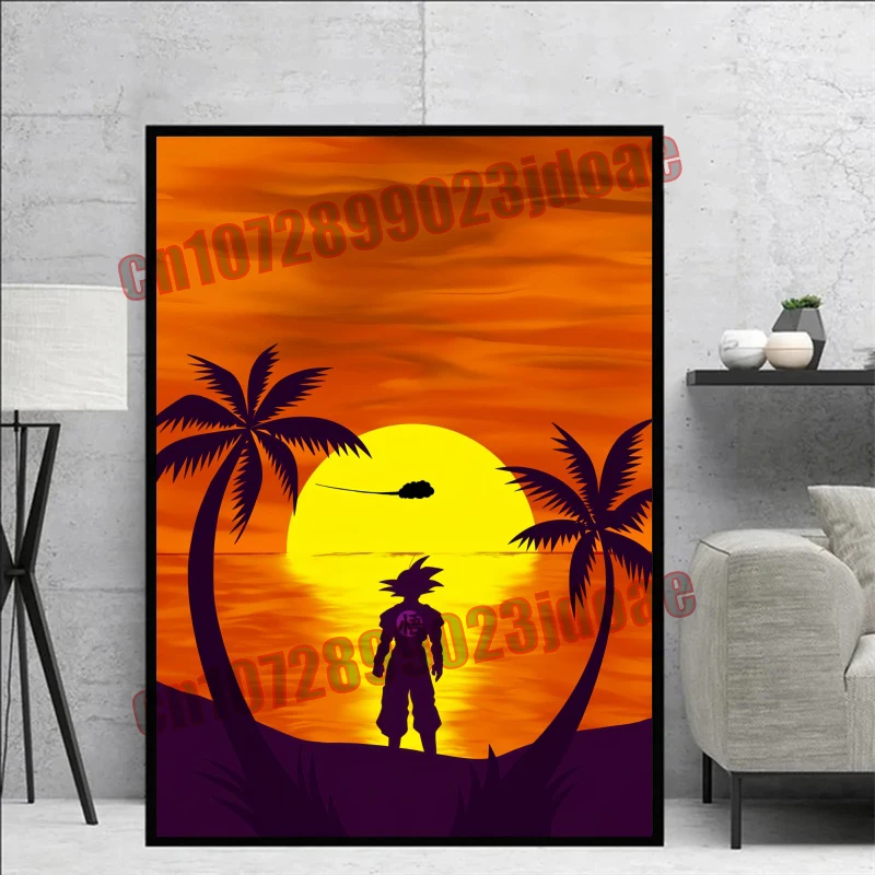 Anime Dragon Ball Goku Kakarot Vegeta puesta de sol figura costera silueta HD pintura en lienzo sin marco accesorios para el hogar el mejor regalo