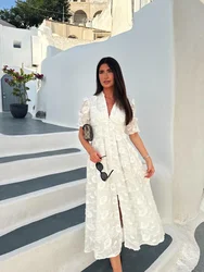 Elegant White Party Long Dress Women's Luxury V-neck Printed Single Breasted Split Evening Robe 2024 New Chic Street Dresses