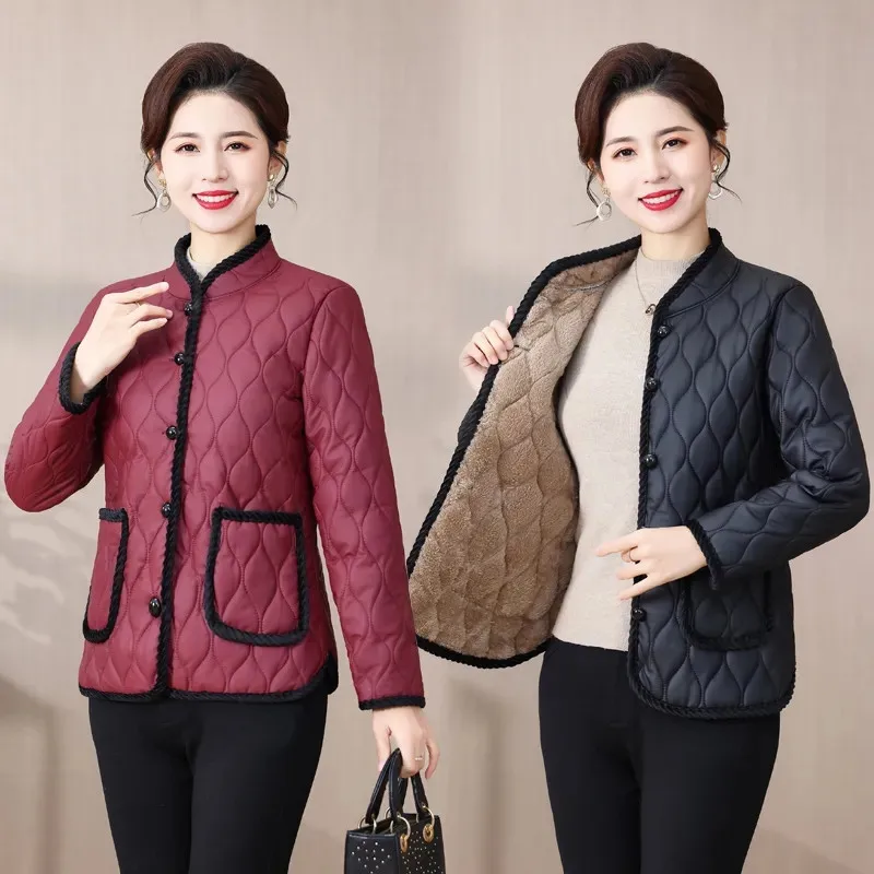 2024 NEW Added Plush Autumn Winter Jacket Tops Middle-Aged Elderly Women's Cotton Coat Fashion Warm Small Cotton Outerwear