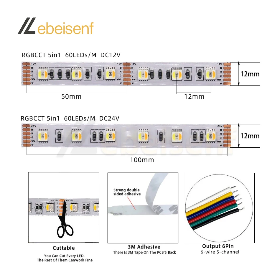 5 m/partia RGB CCT listwa LED RGBWW światło DC 12V / 24V 5 kolor w 1 5050 SMD 60 LEDs/m 6-Pin elastyczna lampa taśma dekoracja wnętrz pasek